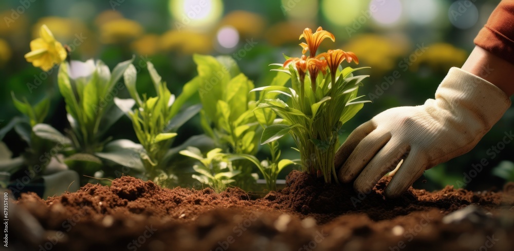 hand in gloves planting plants