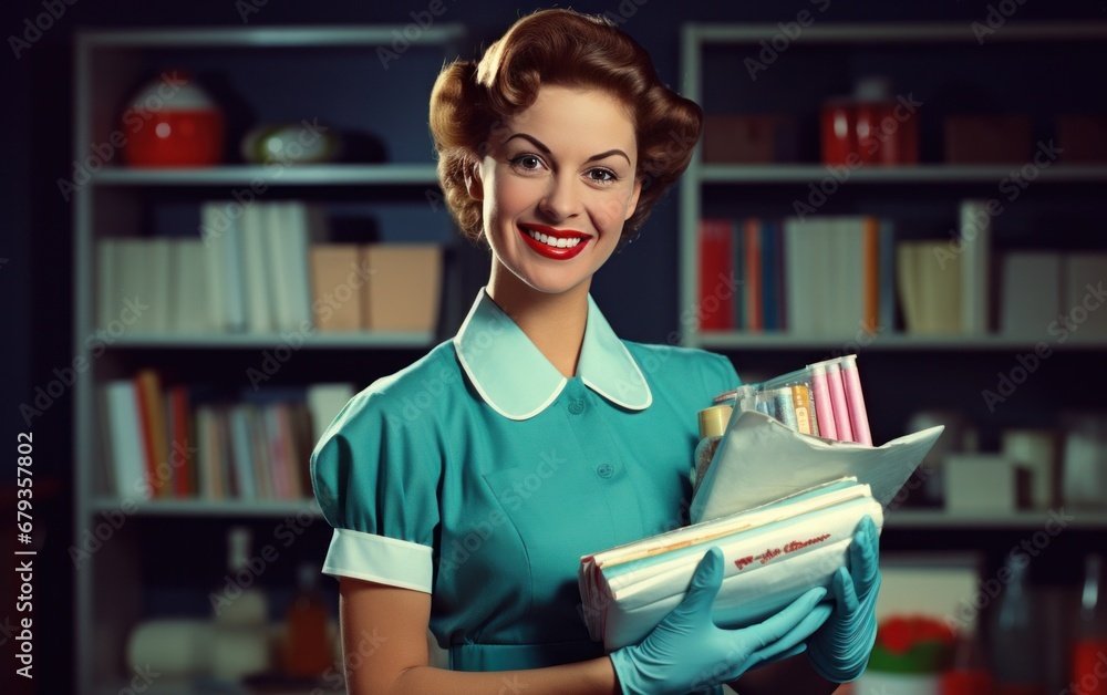 a smiling cleaner in an office holding cleaning supplies