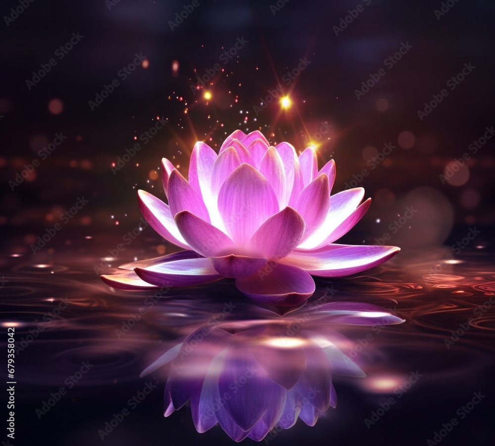 pink lotus flower with sparkles and glow on the water