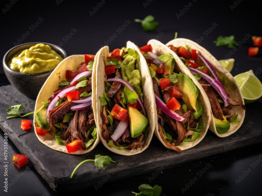 our mexican style beef tacos on a gray background