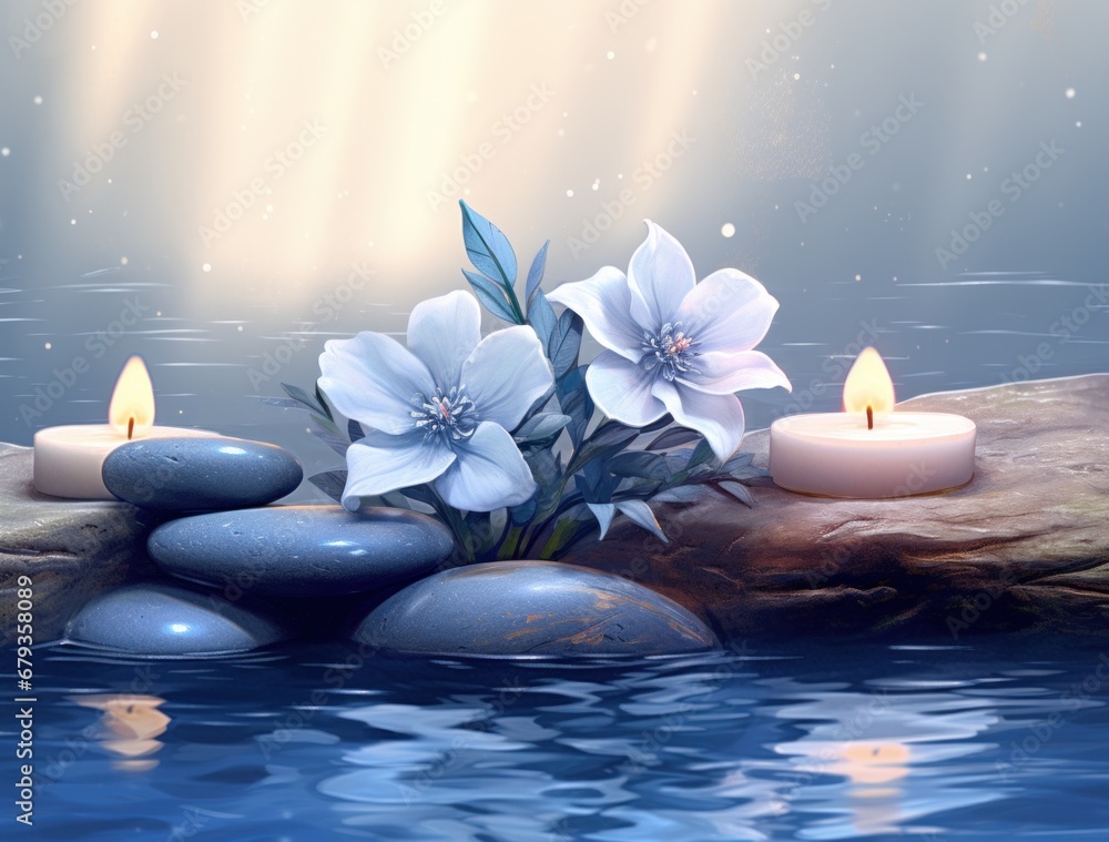 stones and stone flower with water and flames on the background