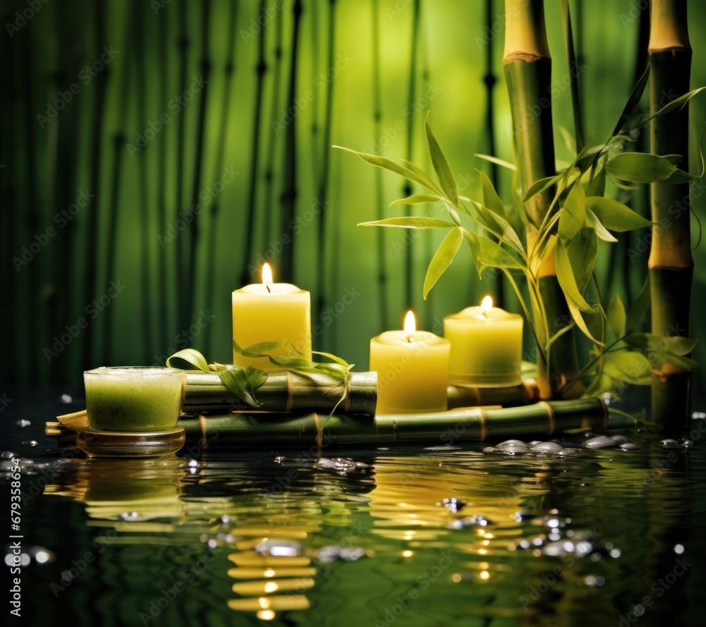 a beautiful background of beautiful spa setting with water falling from bamboo and candles