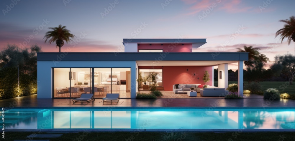 modern home at dusk with swimming pool