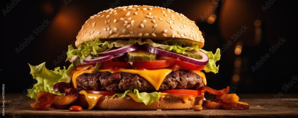 burger served with meat and grilled toppings on a wooden table