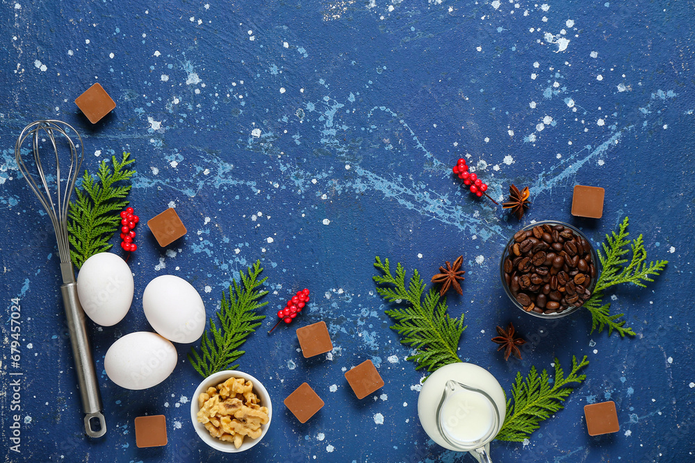 Beautiful composition with different ingredients for preparing Christmas pie on blue background