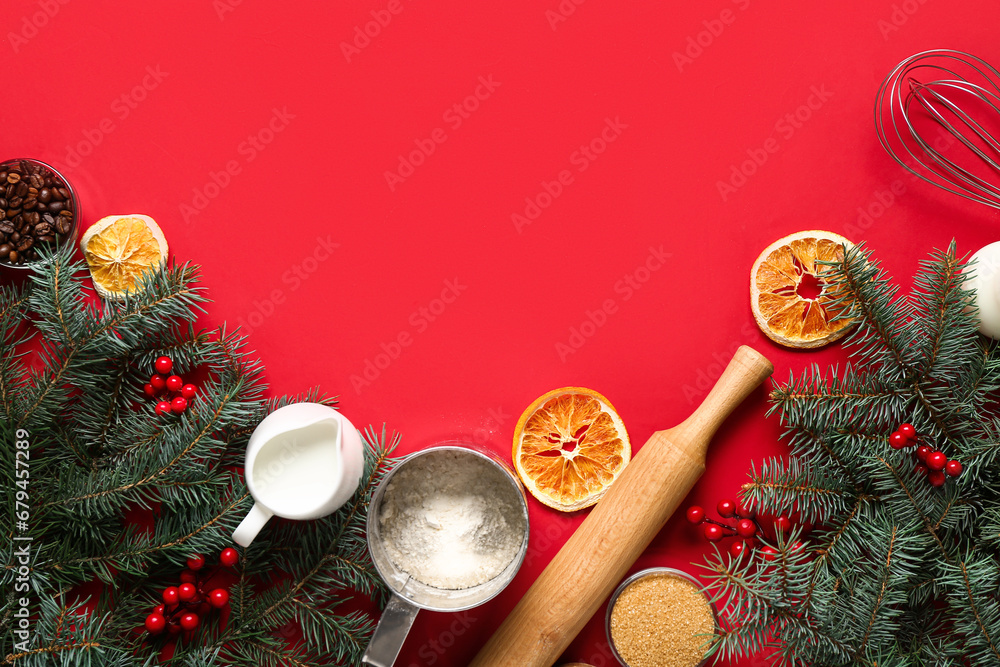 Beautiful composition with different ingredients for preparing Christmas pie on red background