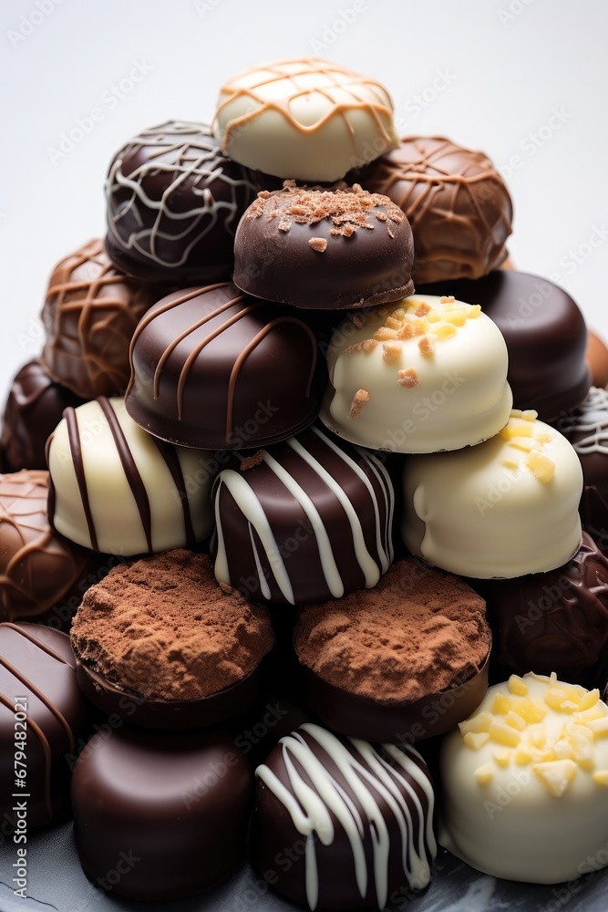 Many different types of Chocolates on white background.