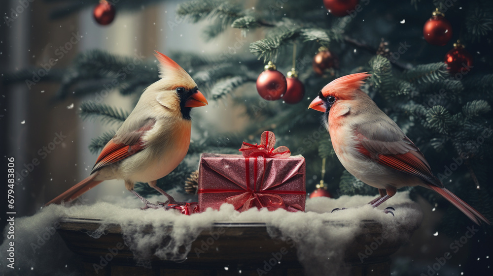 Cardinals perched on a Christmas present gift box