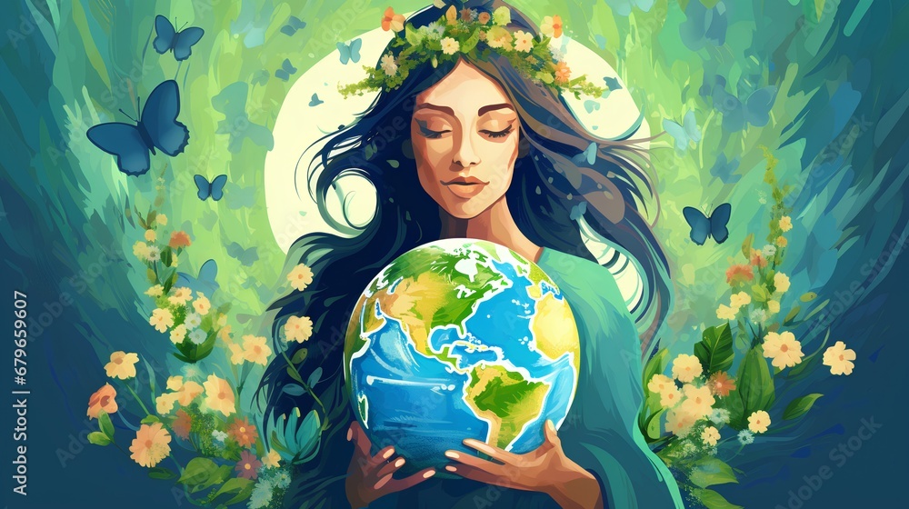 An artistic representation of Mother Earth as a serene woman with flowing hair cradling a delicate globe, enveloped by an array of vibrant greenery, symbolizing natures nurturing embrace.