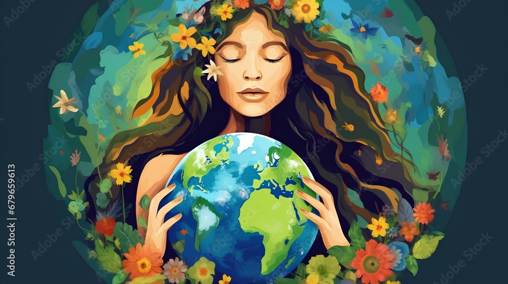 An artistic representation of Mother Earth as a serene woman with flowing hair cradling a delicate globe, enveloped by an array of vibrant greenery, symbolizing natures nurturing embrace.