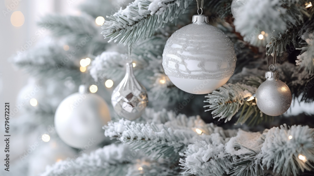 Decorated Christmas tree on silver blurred background., christmas tree decorations. Close up of balls on christmas tree. Bokeh garlands in the background. New Year concept.