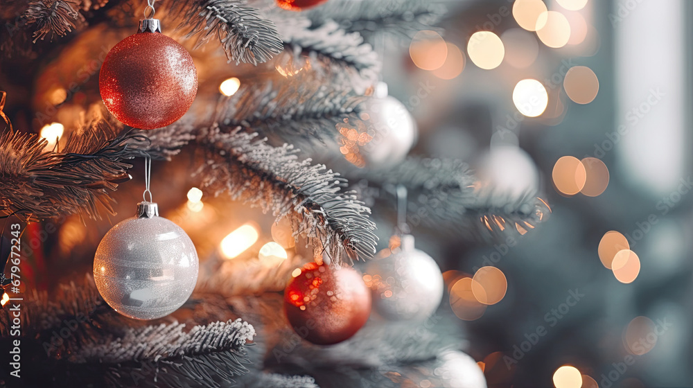 Decorated Christmas tree on red blurred background., christmas tree decorations. Close up of balls on christmas tree. Bokeh garlands in the background. New Year concept.