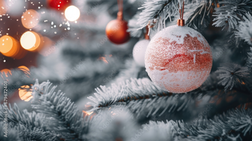 Decorated Christmas tree on red blurred background., christmas tree decorations. Close up of balls on christmas tree. Bokeh garlands in the background. New Year concept.