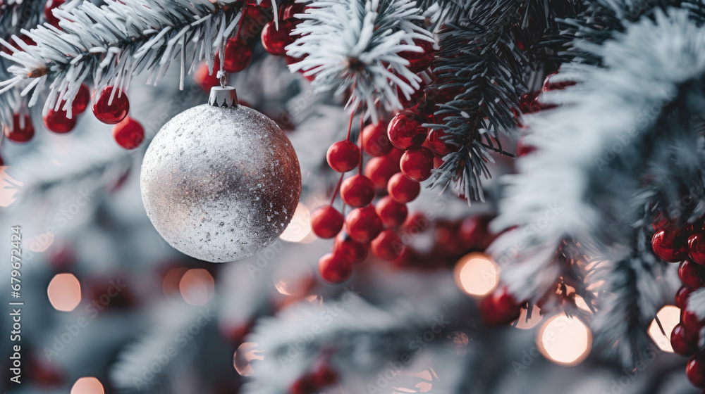 Decorated Christmas tree on red blurred background., christmas tree decorations. Close up of balls on christmas tree. Bokeh garlands in the background. New Year concept.