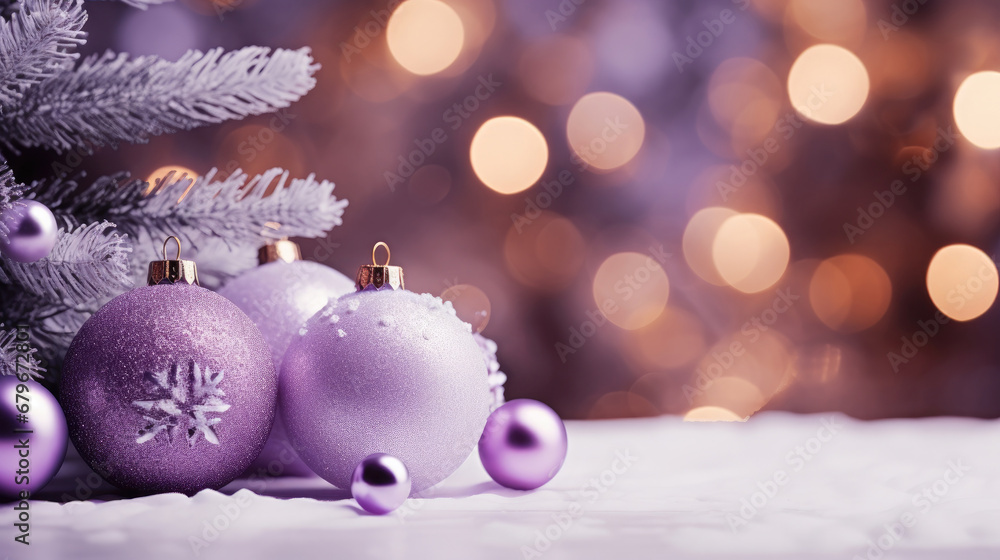 Decorated Christmas tree on purple blurred background., christmas tree decorations