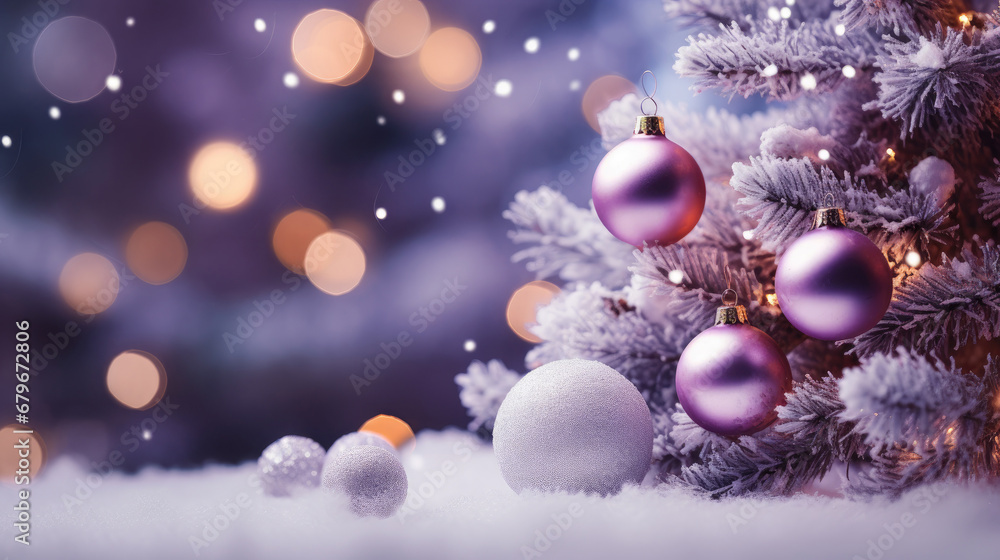 Decorated Christmas tree on purple blurred background., christmas tree decorations