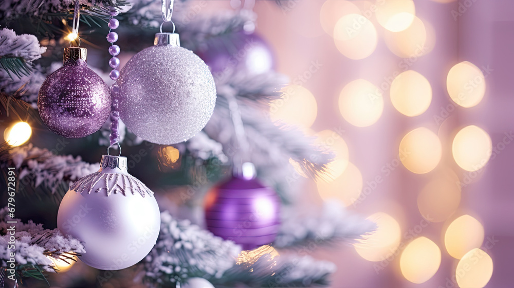 Decorated Christmas tree on purple blurred background., christmas tree decorations