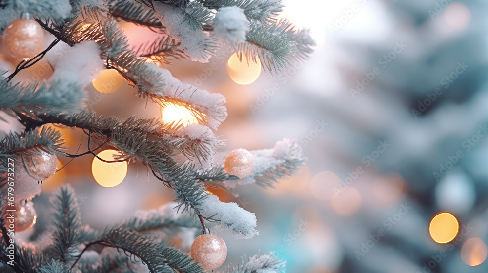 Decorated Christmas tree on pink blurred background., christmas tree decorations. Close up of balls on christmas tree. Bokeh garlands in the background. New Year concept.