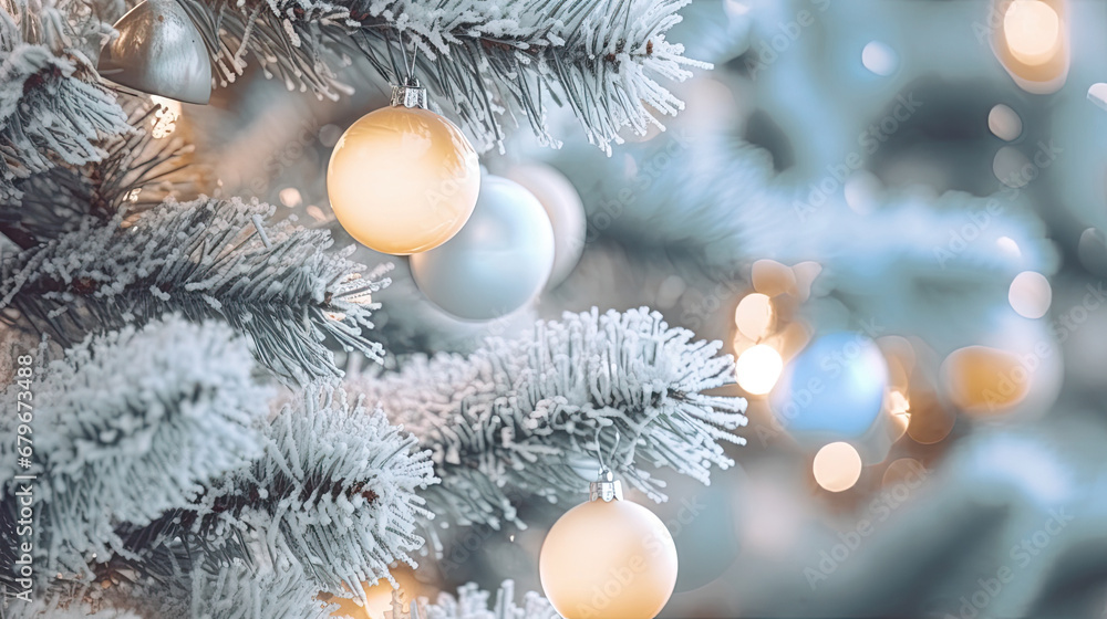 Decorated Christmas tree on pastel blurred background., christmas tree decorations. Close up of balls on christmas tree. Bokeh garlands in the background. New Year concept.