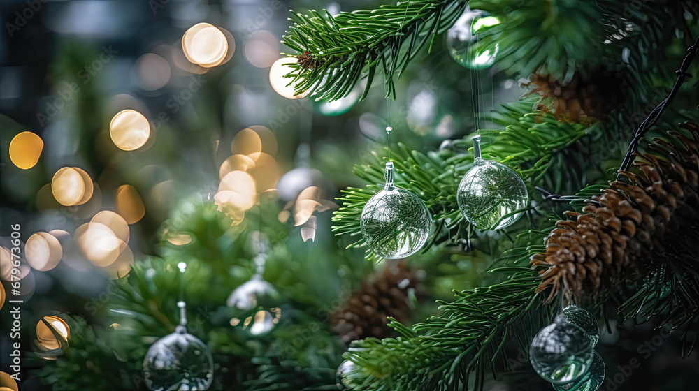 Decorated Christmas tree on green blurred background., christmas tree decorations. Close up of balls on christmas tree. Bokeh garlands in the background. New Year concept.