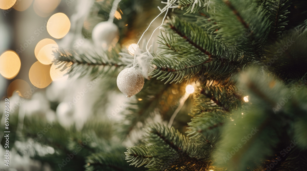 Decorated Christmas tree on orange blurred background., christmas tree decorations. Close up of balls on christmas tree. Bokeh garlands in the background. New Year concept.