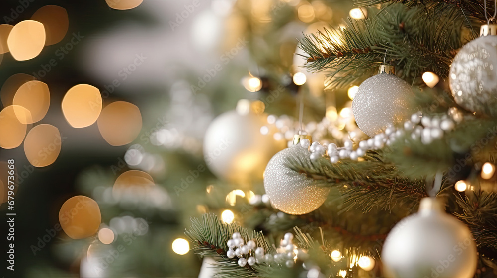 Decorated Christmas tree on orange blurred background., christmas tree decorations. Close up of balls on christmas tree. Bokeh garlands in the background. New Year concept.