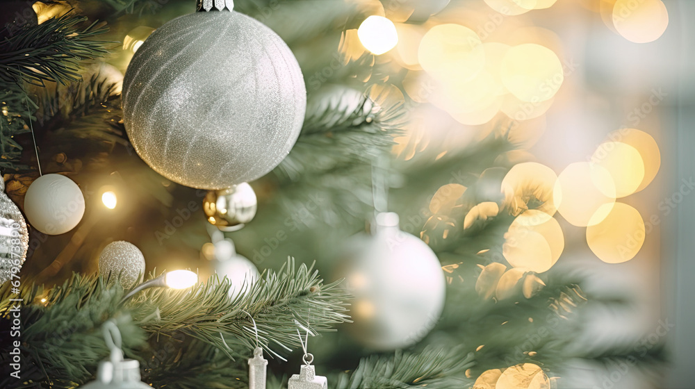 Decorated Christmas tree on green blurred background., christmas tree decorations. Close up of balls on christmas tree. Bokeh garlands in the background. New Year concept.