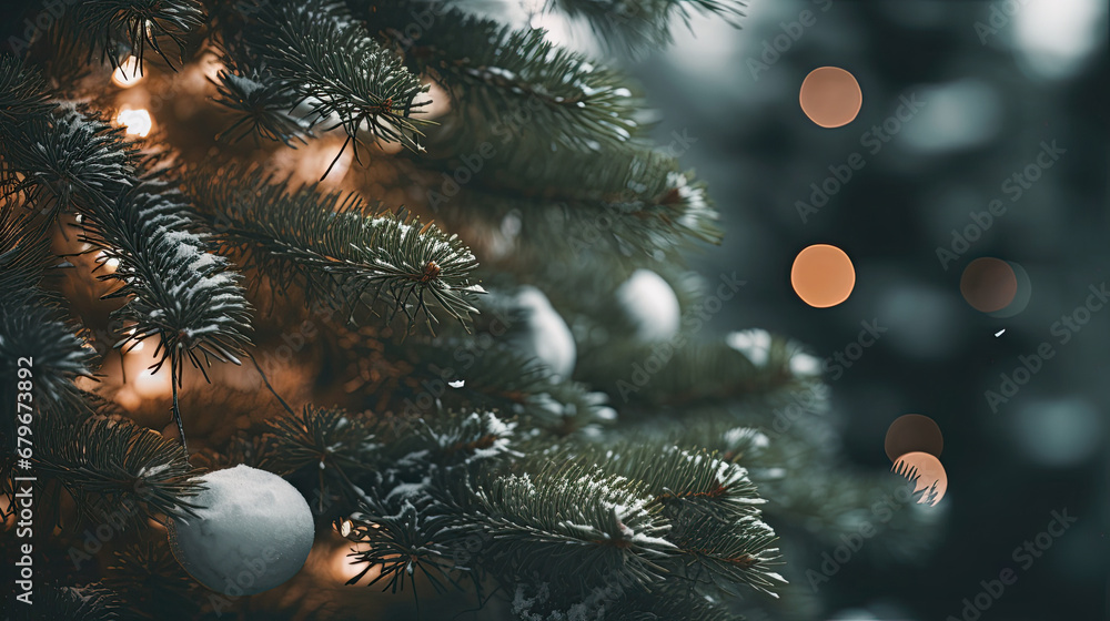 Decorated Christmas tree on green blurred background., christmas tree decorations. Close up of balls on christmas tree. Bokeh garlands in the background. New Year concept.