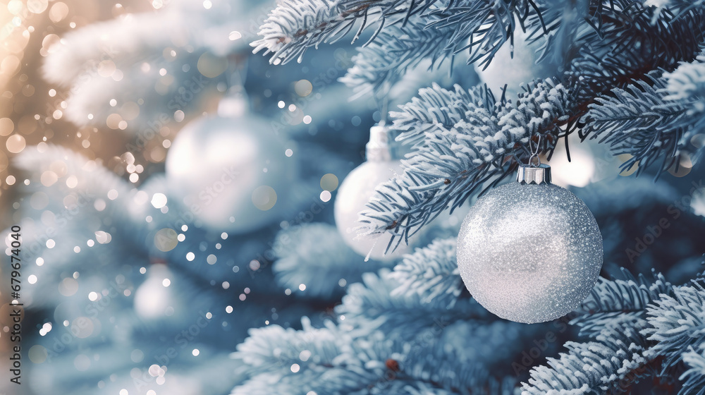 Decorated Christmas tree on blue blurred background., christmas tree decorations. Close up of balls on christmas tree. Bokeh garlands in the background. New Year concept.