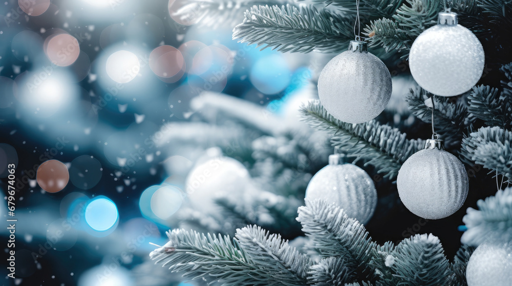 Decorated Christmas tree on blue blurred background., christmas tree decorations. Close up of balls on christmas tree. Bokeh garlands in the background. New Year concept.