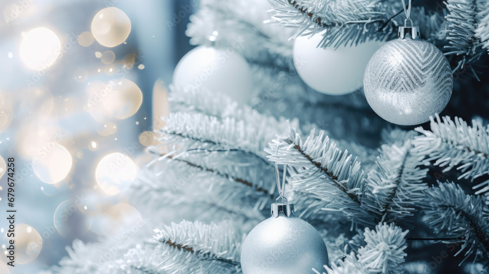 Decorated Christmas tree on blue blurred background., christmas tree decorations. Close up of balls on christmas tree. Bokeh garlands in the background. New Year concept.