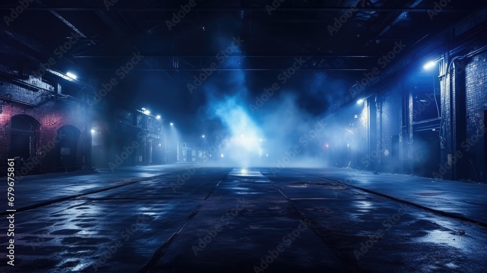 Wet asphalt, reflection of neon lights, a searchlight, smoke. Abstract light in a dark empty street with smoke, smog. Dark background scene of empty street, night view, night city.