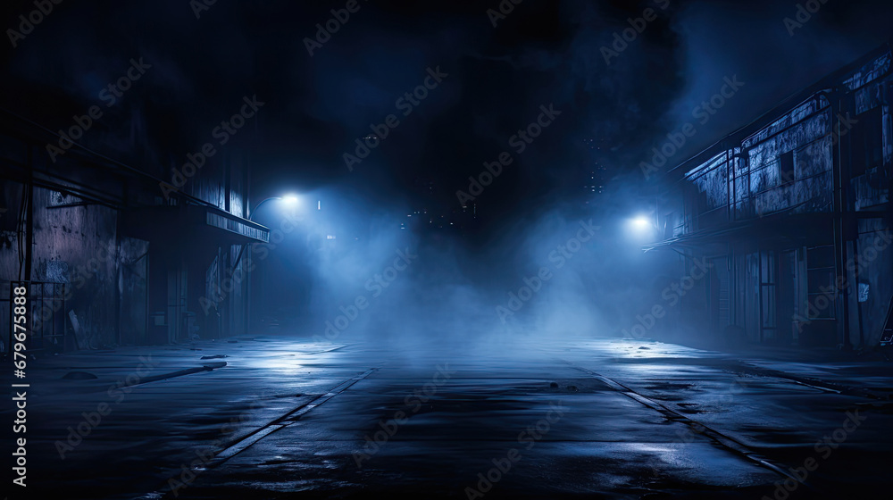 Wet asphalt, reflection of neon lights, a searchlight, smoke. Abstract light in a dark empty street with smoke, smog. Dark background scene of empty street, night view, night city.