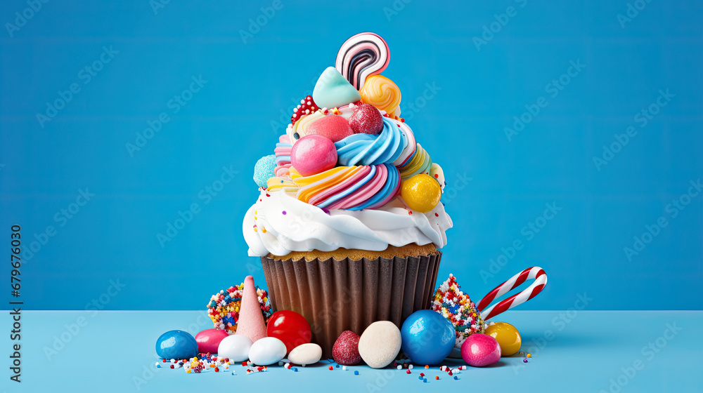 birthday cupcake with candles,A cupcake surrounded by candy and candies on a blue background