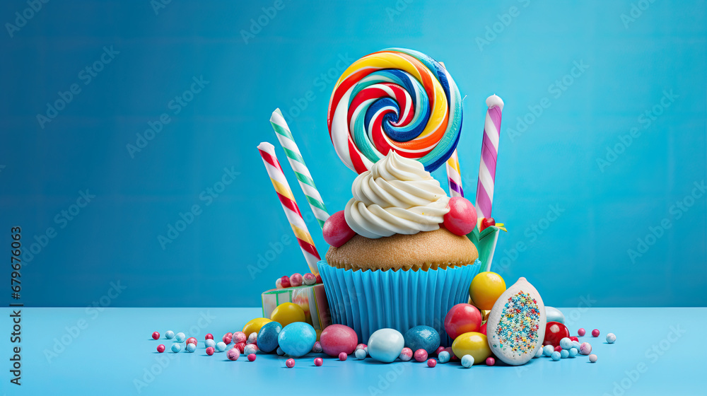 birthday cupcake with candles,A cupcake surrounded by candy and candies on a blue background