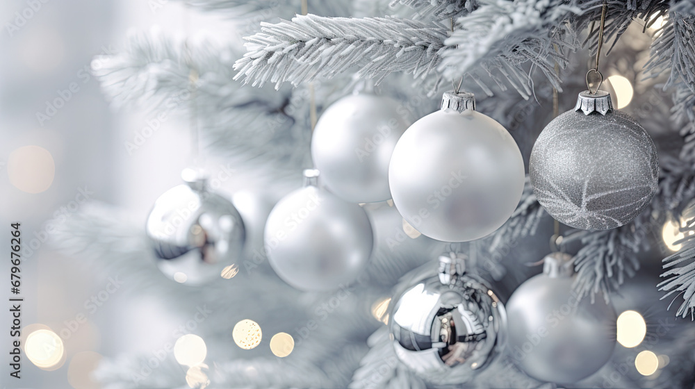 Decorated Christmas tree on silver blurred background., christmas tree decorations. Close up of balls on christmas tree. Bokeh garlands in the background. New Year concept.