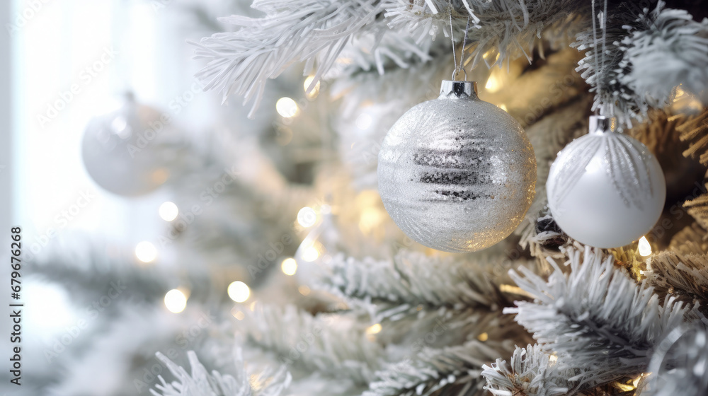 Decorated Christmas tree on silver blurred background., christmas tree decorations. Close up of balls on christmas tree. Bokeh garlands in the background. New Year concept.