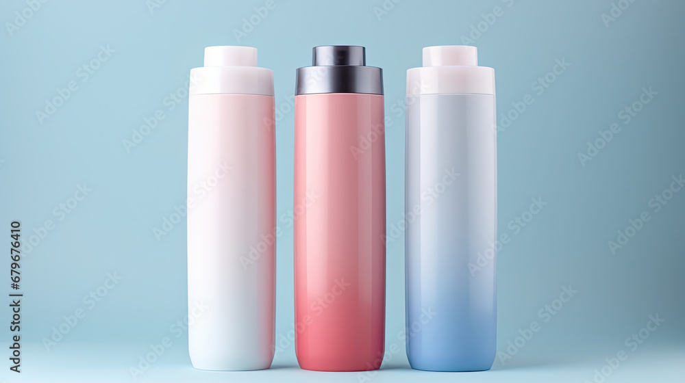 pink and blue cosmetics packaging container for skincare, fragrance or toiletry industries on pastel background. Beauty product mock-up.