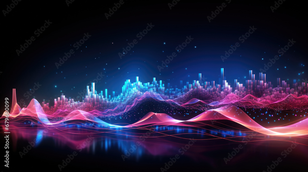 abstract futuristic background with pink blue glowing neon moving high speed wave lines and bokeh lights. Data transfer concept Fantastic wallpaper,  pink blue frequency signal waves as particles