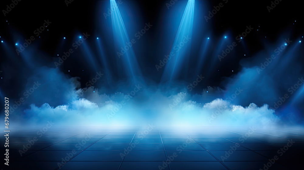 Illuminated stage with scenic lights and smoke. Blue vector spotlight with smoke volume light effect on black background. Stadium cloudiness projector, background for design. Stage light at a concert 