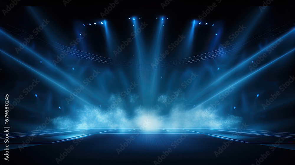 Illuminated stage with scenic lights and smoke. Blue vector spotlight with smoke volume light effect on black background. Stadium cloudiness projector, background for design. Stage light at a concert 