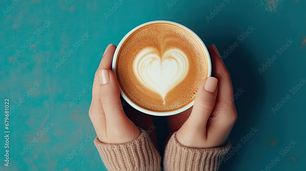 woman holding a cup of coffee, Female hands holding a cup of coffee with foam on blue background.  Hot coffee with a heart and auntumn leaves , top view