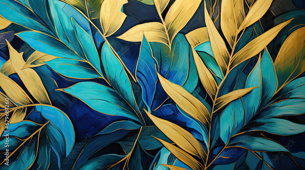 pattern with leaves, blue, green and gold tropical leaves design. Golden and dark blue and teal leaves painting . Great for wall art and home decor