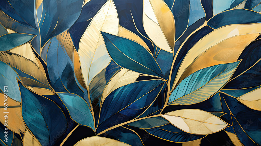 pattern with leaves, blue, green and gold tropical leaves design. Golden and dark blue and teal leaves painting . Great for wall art and home decor