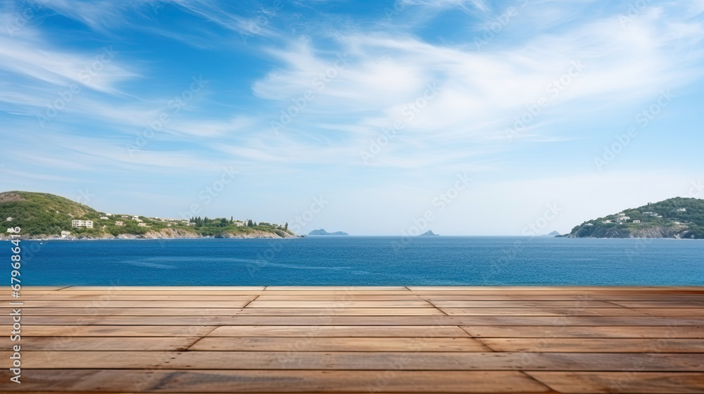 Wood table top on blur summer blue sea and sky background - can be used for display or montage your products