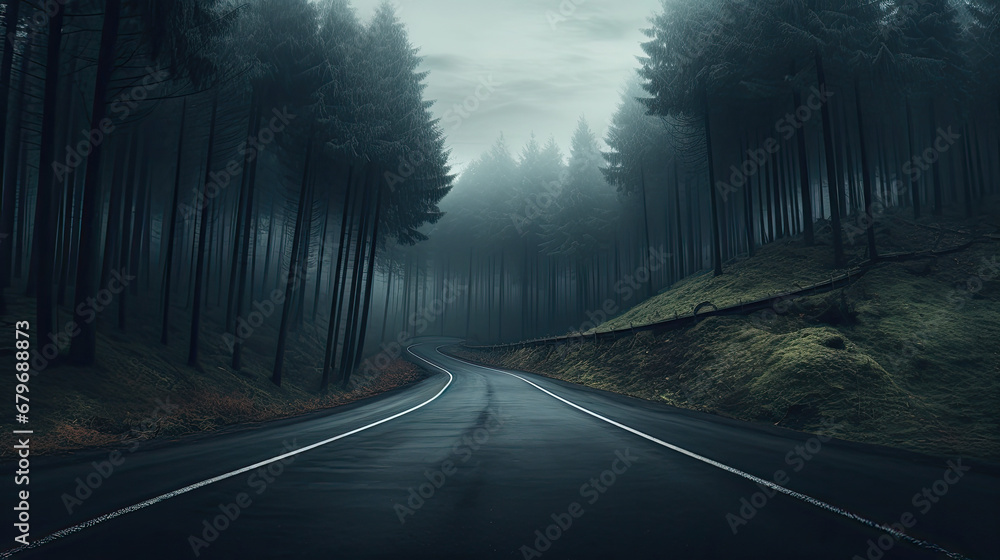 road in the mountains with fog,road trip, dark forest road, Beautiful mountain curved roadway, trees with green foliage in fog and overcast sky. Landscape with empty asphalt road through woods 