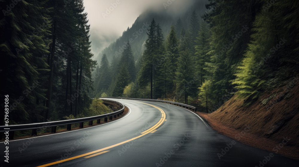 road in the mountains with fog,road trip, dark forest road, Beautiful mountain curved roadway, trees with green foliage in fog and overcast sky. Landscape with empty asphalt road through woods 