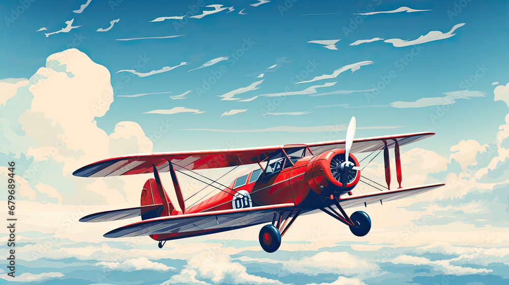 Red vintage plane flying in the blue sky, digital art style