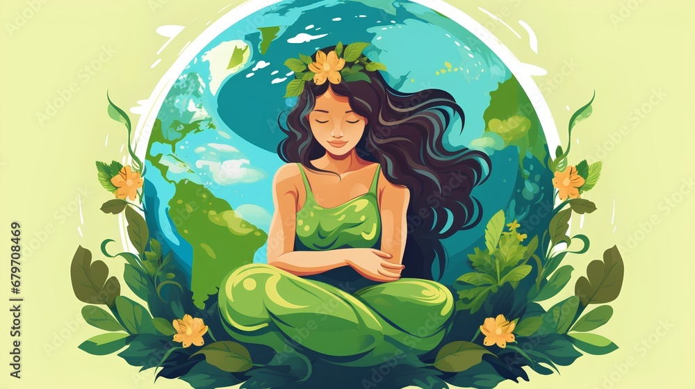 Mother Earth depicted as a serene woman in a lotus position, encircled by a vibrant array of natural elements like flowers, trees, and wildlife, symbolizing harmony with nature.