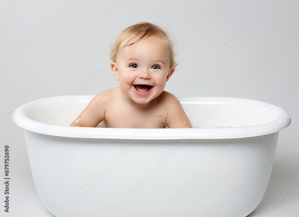 happy smiling toddler in bath tub with bath foam, baby cleaning skin care hygiene, Generative Ai 